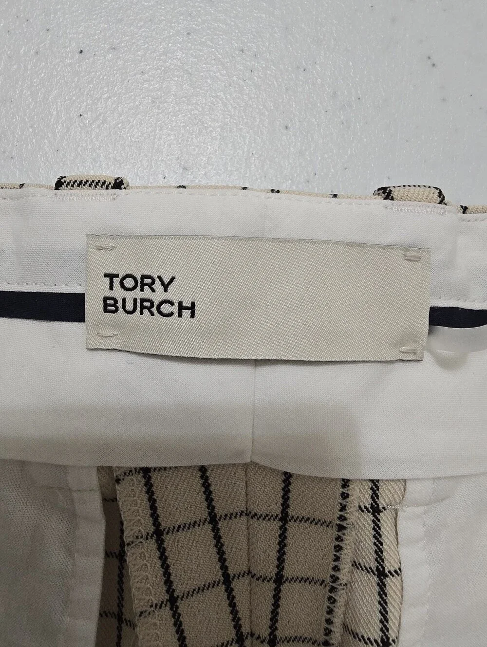 TORY BURCH Checked Cropped Twill Pants Women's 4 Cream Black Office